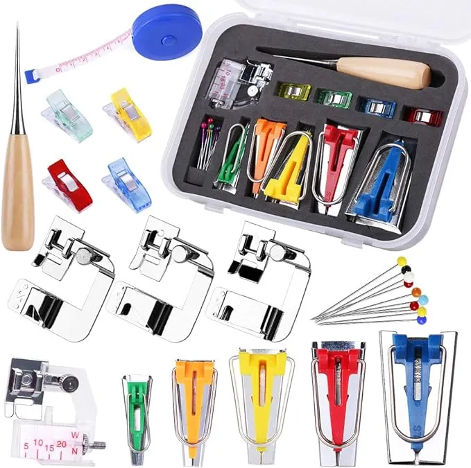 LUNARM Bias Tape Tool Kit with Instruction, 5 Sizes Bias Tape Maker (6mm 9mm 12mm 18mm 25mm) with 4 Pcs Sewing Machine Presser Foot, Sewing Clips, Ball Point Pins, Awl, for Fabric Sewing and Quilting