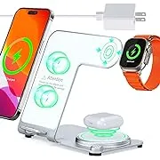 Mlfsaier 3 in 1 Charging Station for Multiple Devices Apple - Aluminum Alloy Fast Wireless Charger Stand Dock for iPhone 15/14/13/12/11/Pro/Max/XS/XR/X/Plus,for Apple Watch AirPods Desk Beside White