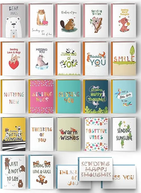 Dessie 25 Unique Thinking Of You Cards With Greetings Inside 5"x7". Large Greeting Cards Boxed Set. 25 Different Notecard Designs - No Repetition. Assorted Color Envelopes, Gold Seals, Storage Box.