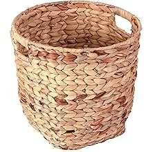 Vintiquewise Water Hyacinth Large Round Wicker Wastebasket with Cutout Handles Brown