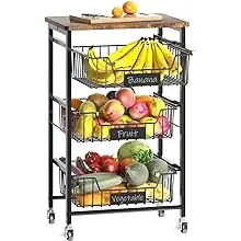 Chloryard 4-tier Vegetable Fruit Basket Kitchen Storage Rolling Cart on Wheels with Pull-out Baskets and Wood Top for Kitchen Diningroom Pantry