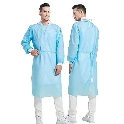 ProtectX (Blue 10 Pack) Disposable Breathable Polypropylene Isolation Gown with Elastic Knit Cuffs, Covered Back, Extra-Long Double Ties, Universal Size