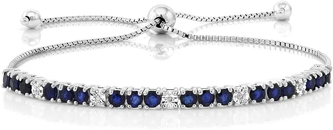 Gem Stone King 925 Sterling Silver Blue Sapphire and White Diamond Tennis Bracelet Jewelry for Women (2.05 Cttw, Gemstone Birthstone, Fully Adjustable Up to 9 Inch)