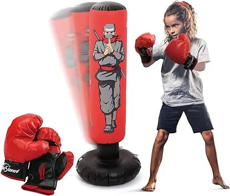 Inflatable Kids Punching Bag with Boxing Gloves, 47&#034; High Free 9 X 4.3&#034;, Red 