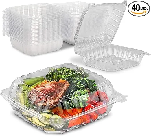 Fit Meal Prep 40 Pack Clear Hinged Plastic Containers - 8x8x3 Single Compartment Clamshell Take Out Containers for Cake Pastry Salad - Disposable Plas