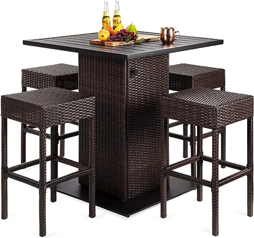 Best Choice Products 5-Piece Outdoor Wicker Bar Table Set for Patio, Poolside, Backyard w/Built-in Bottle Opener, Hidden Storage Shelf, Metal Tabletop, 4 Stools - Brown