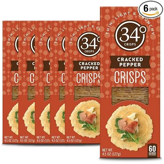 34 Degrees Cracked Pepper Crisps | Light & Crunchy Thin Crackers for Charcuterie, Cheese Boards & Entertaining, 6 Pack (4.5oz each)