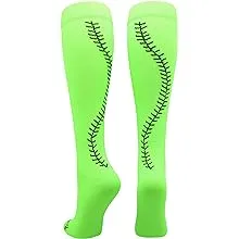 MadSportsStuff Softball Socks with Stitches Over The Calf (Neon Green/Black, Small), Women's