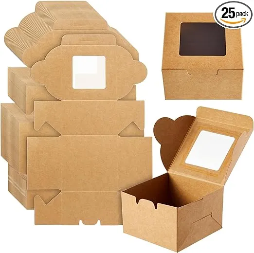 Juvale 25-Pack Mini Cake Boxes with Window - Individual Cupcake Packaging Containers for Bundt Cakes, Cookies, Baked Goods, Donut, Pie (Kraft Paper Material, 4x4x2.5 In)