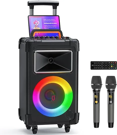 JYX Karaoke Machine, 10" Woofer Big Bluetooth Karaoke Speaker, Portable Party Speaker with 2 Wireless Mics, Party Lights & Bass/Treble/Echo Adjustment, Supports Vocal Cut, TWS/Bluetooth/REC/USB/TF/AUX