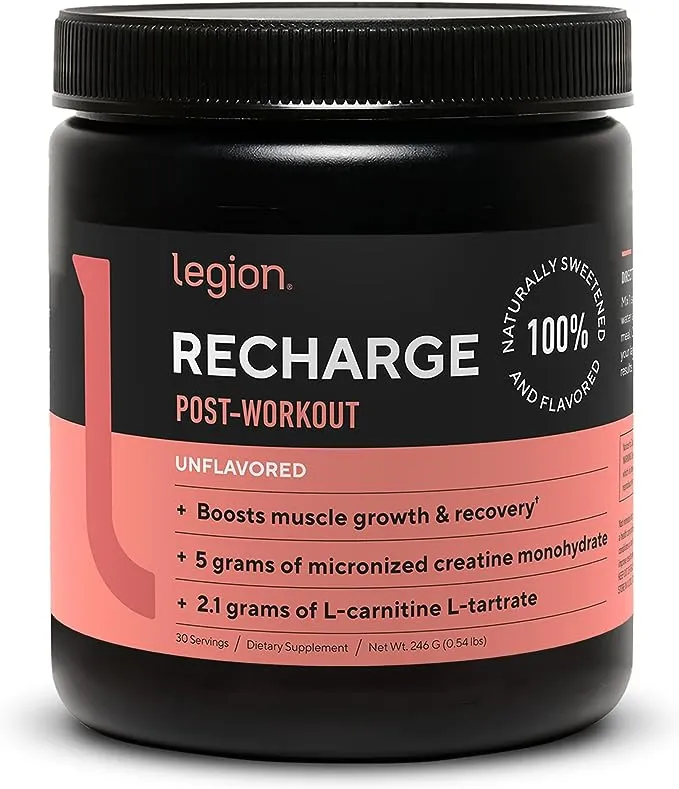 LEGION Recharge Post Workout Supplement - All Natural Muscle Builder & Recovery Drink with Micronized Creatine Monohydrate Naturally Sweetened & Flavored (Unflavored, 30 Serving (Pack of 1)