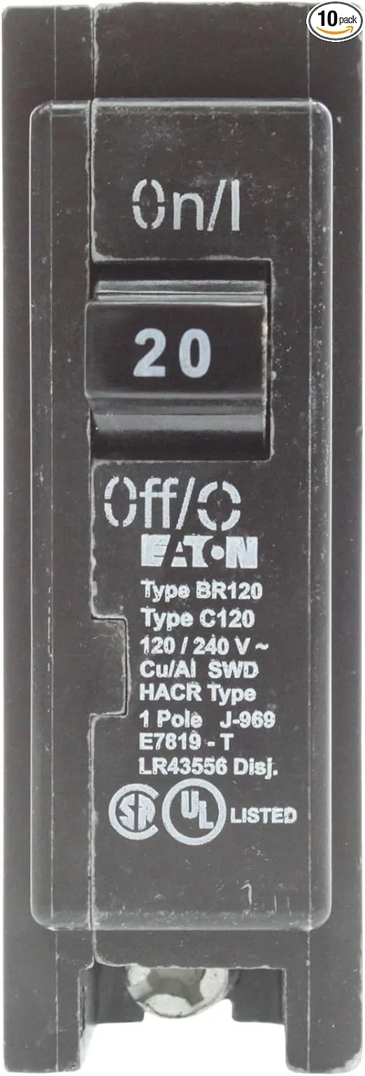 Eaton Cutler-Hammer BR120 Interchangeable Circuit Breaker, 20A, (10-Pack),Black