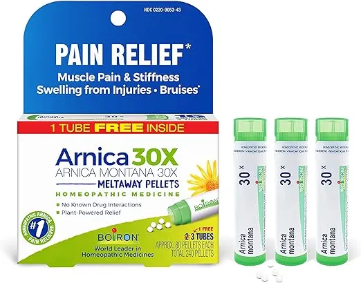 Boiron Arnica Montana 30X Homeopathic Medicine for Relief from Muscle Pain, Muscle Stiffness, Swelling from Injury, and Discoloration from Bruises - 3 Count (240 Pellets)