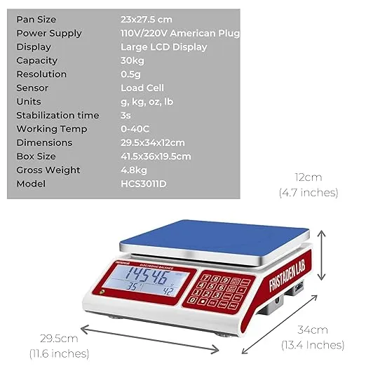 30kg American Fristaden Lab Industrial Counting Scale, Digital Balance for Counting Parts and Coins, 30kg Capacity/0.5g Accuracy, Measures in US or Metric Units, Electronic Gram Scale, 1-Year Warranty