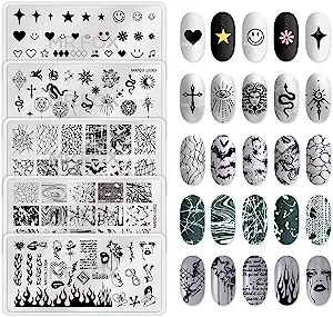 MRFOX 5 Pcs Nail Plates Stamping Set Marbled Punk Spider Web Heart Star Theme...