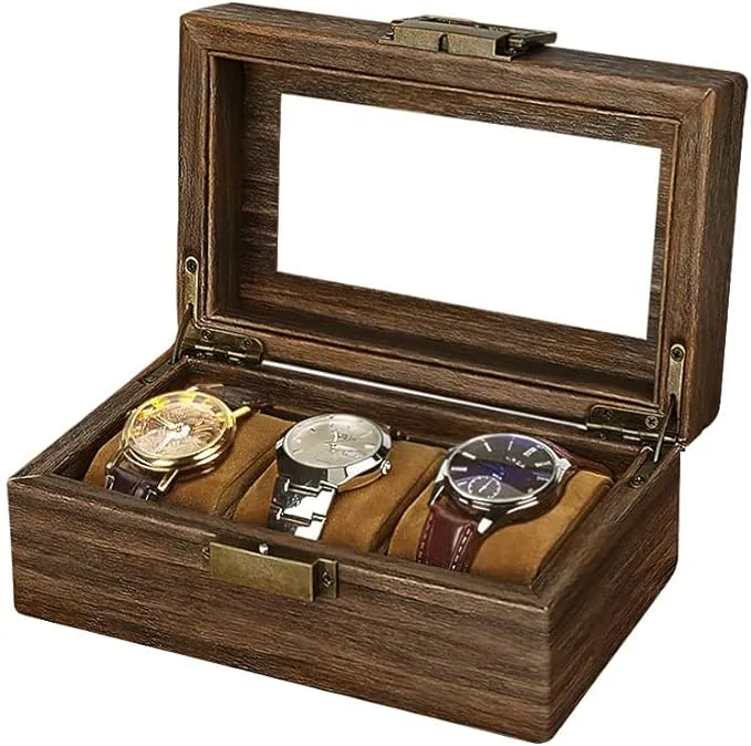 Watch Box for Men-3 Slots Watch Organizer Case,PU Leather Watch Display Storage Box with Glass Lid(Brown, 3Slot)