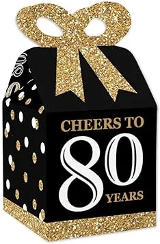 Big Dot of Happiness Adult 80th Birthday - Gold - Square Favor Gift Boxes - Birthday Party Bow Boxes - Set of 12