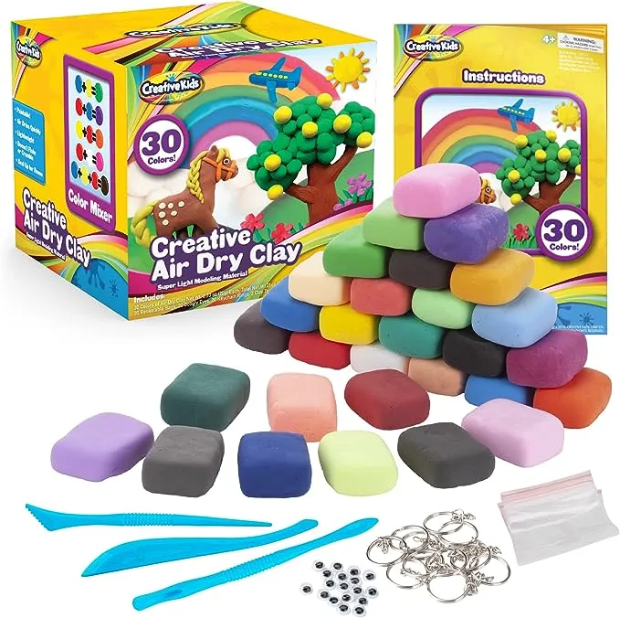 Creative Kids Air Dry Clay Modeling Crafts Kit for Children - Super Light Nontoxic - 30 Vibrant Colors & 3 Clay Tools - Stem