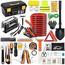 AUTODECO 98 PCS Roadside Car Emergency Assistance Kit with Portable Air Compressor Jumper Cables Safety Hammer All in One Pliers Tool Set