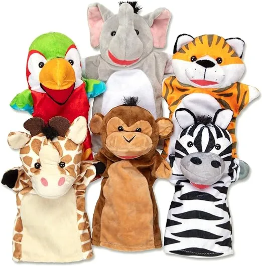 Melissa & Doug Safari Buddies Hand Puppets, Set of 6 (Elephant, Tiger, Parrot, Giraffe, Monkey, Zebra) - Soft, Plush Animal Hand Puppets For Toddlers And Kids Ages 2+ (Multicolor)