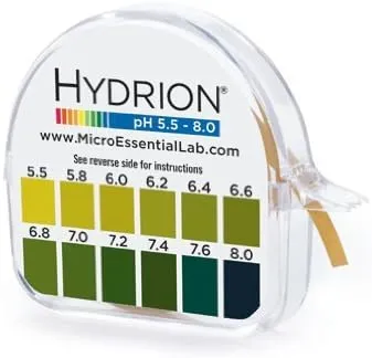 Ph. Test Tape Dispenser Hydrion Papers Strips Made for Saliva Or Urine Testing-Range Is in 2 Intervals & From 5.5 To 8.0, Check Body for Alkaline or Acid Environment, Approx. 100 Tests