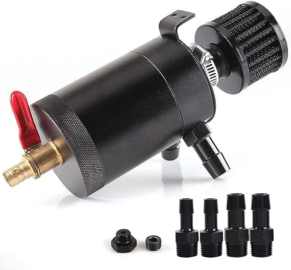 Oil Catch Can Kit with 4 Adapters + Breather Filter Drain Valve Plug 2 Ports (1 oulet + 1 inlet) 150ml Universal Aluminum Baffled Oil Reservoir Tank Oil Separator HTRACING