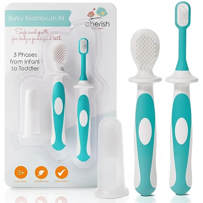 Cherish Baby Care Toothbrush Set for Babies - Includes BPA-Free Finger Toothbrush, Toddler Training Toothbrush - Designed in Canada - Complete Baby’s First Toothbrush Kit - Ideal for 3-24 Months - TealCherish Baby Care Toothbrush Set for Babies - Include