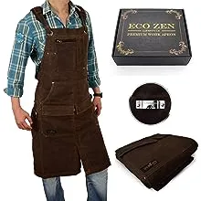 Woodworking Shop Apron - 16 oz Waxed Canvas Work Aprons | Metal Tape holder, Fully Adjustable to Comfortably Fit Men Size S to XXL | Tough Tool Apron to Give Protection, Ideal Fathers Day GIft for Dad