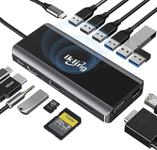 ikling USB C Hub, 15-in-1 USB C Docking Station to HDMI, VGA, Wireless Charger, Gigabit Ethernet, 3 USB 3.0, SD/TF Card Reader, USB C to 3.5mm