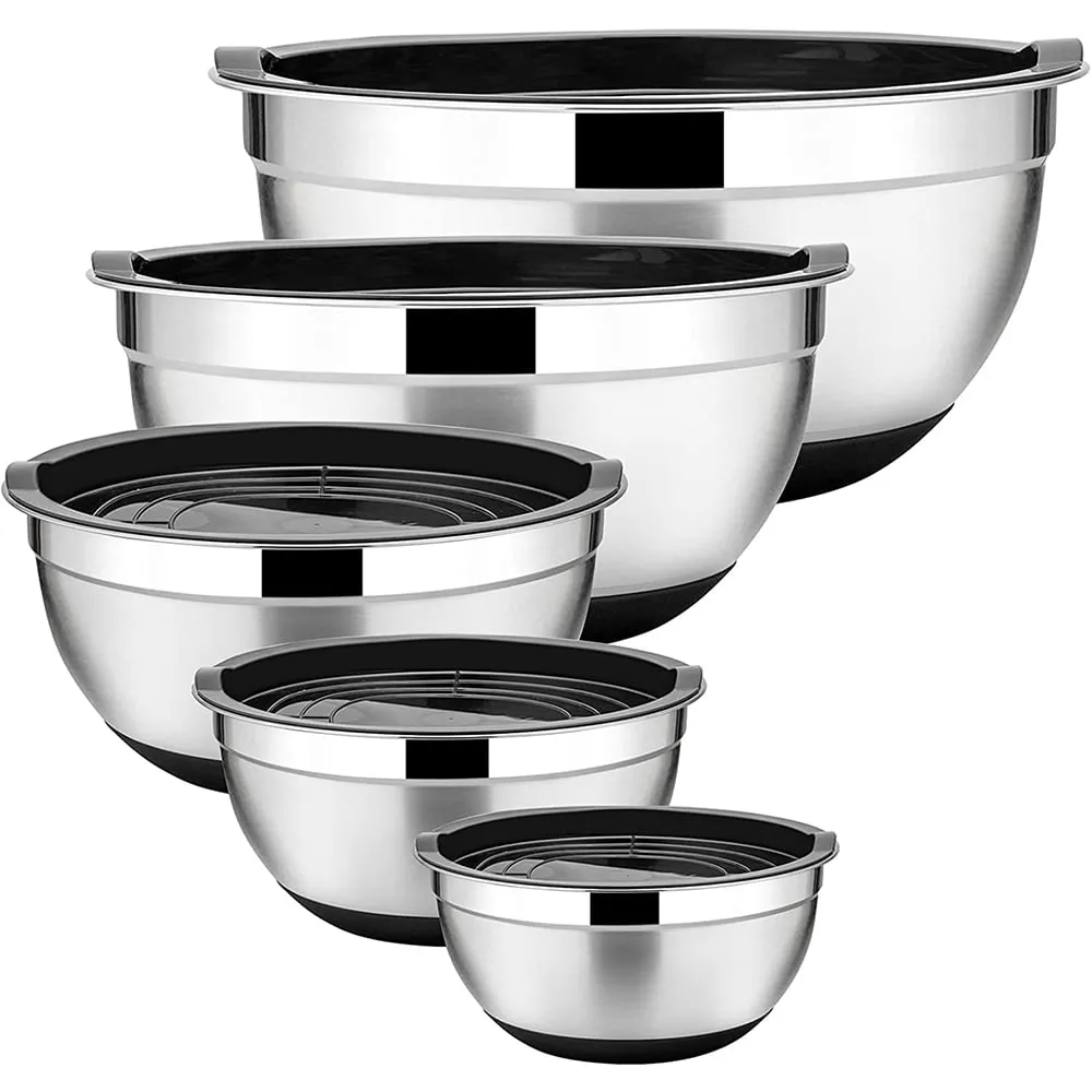 Walchoice Mixing Bowls with Lids Set of 5, Stainless Steel Nesting Bowls for Baking Serving Preparing, Include 7/3.5/2.5/2/1 QT Metal Bowls - Black