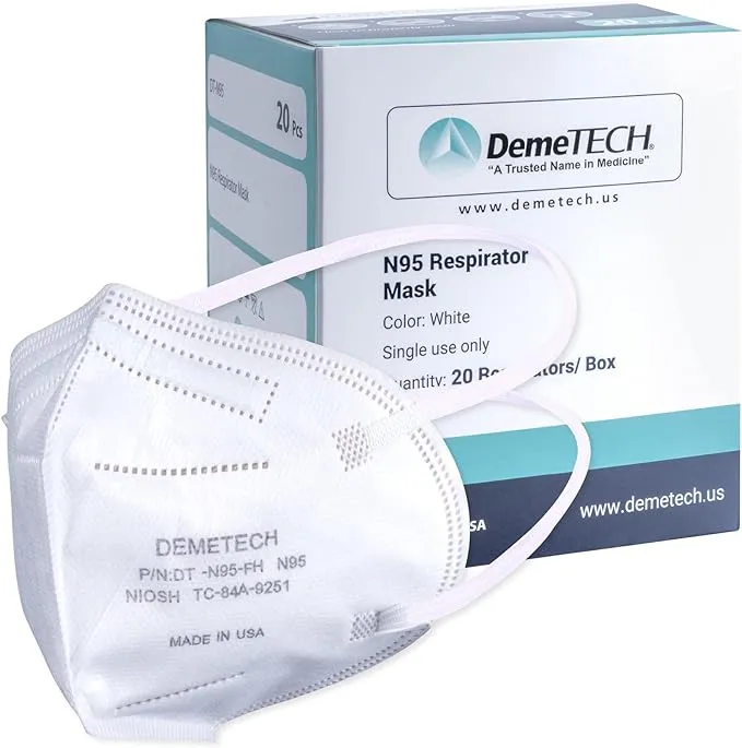 DemeTECH Corporation N95 Respirator Face Mask Fold Style NIOSH Approved 20 Pack Regular