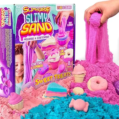 Sweet Treats, 2 Pounds of SlimySand in 5 Colors (Pink Glitter, White Glitter, and Pink, Blue and Purple), 6 3D Molds & Reusable Box For Play. Super Stretchy & Moldable Cloud Slime!