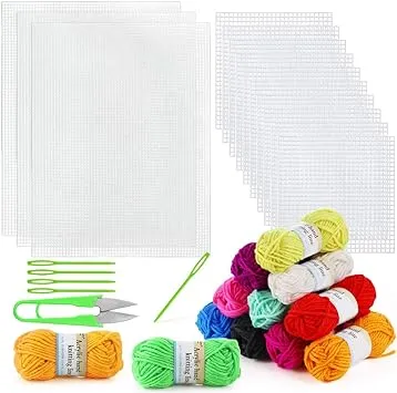 Pllieay 33 Pieces Mesh Plastic Canvas Sheets Kit Including 15 Pieces Clear Plastic Canvas, 12 Color Acrylic Yarn and Embroidery Tools for Embroidery Plastic Canvas Craft