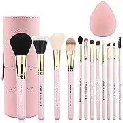 Z'OREYA Makeup Brush Set 12pcs Pink Synthetic Makeup Brushes Travel Set With Holder Makeup Brush Organizer Foundation Powder Contour Blush Eye Cosmetic Brush Sets in Case With Bonus Gift Makeup Sponge