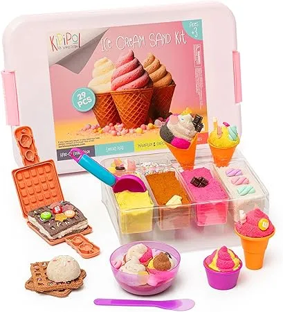 Kipipol Ice Cream Shop Play Sand for Kids - Sensory Bin - 29 pcs Ice Cream Toy Sand Box w 1.7 LB Moon Sand, 9 ice Cream Sand Toys - Pretend Play Sensory Toys for Girls and Boys Age 3 4 5 Year and Up