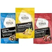 Sconza Candy Fan Favorite Mix Pack 3 Pack | Lemoncello Almonds Pack of 1 (5oz), Milk & White Chocolate Cherries Pack of 1 (4.5oz), Chocolate Toffee Almonds Pack of 1 (5oz)