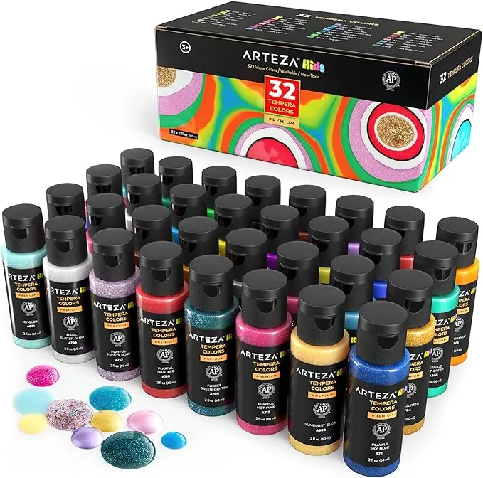 Arteza Kids Premium Tempera Paint | Assorted Colors | 2 oz Bottles - Set of 32