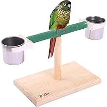 QBLEEV Bird Play Stands with Feeder Cups Dishes, Tabletop T Parrot Perch, Wood Bird Playstand Portable Training Playground, Bird Cage Toys for Small Cockatiels, Conures, Parakeets, Finch