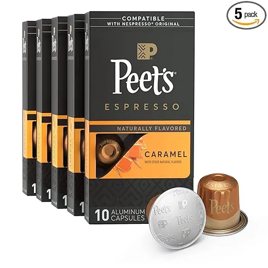 Peet's Coffee, Dark Roast Espresso Capsules Compatible with Nespresso Original Machine, Caramel 50 Count (5 Boxes of 10 Espresso Pods)Peet's Coffee, Dark Roast Espresso Capsules Compatible with Nespresso Original Machine, Caramel 50 Count (5 Boxes of 10 