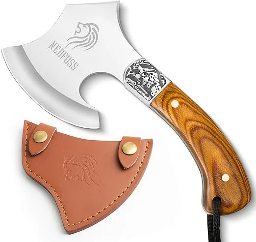 NedFoss Warthog Camping Hatchet Axe, 9" Full Tang Small Axe Camp Hatchet with Leather Sheath, Survival Hatchet with Wood Handle, Tomahawk Axe for Outdoor Backpacking, Bushcraft, Hiking