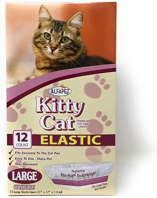 Alfapet Kitty Cat Litter box Disposable, Elastic Liners- 12-count-For Medium and Large, Size Litter Pans- With Sta-Put Technology for Firm, Easy Fit- Quick + Clever Waste Cleaners 4 pack