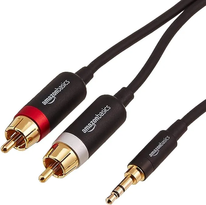 Amazon Basics 3.5 Aux to 2 x RCA Adapters, Audio Cable for Amplifiers, Active Speakers with Gold-Plated Plugs, 25 Feet/7.6 m, Black