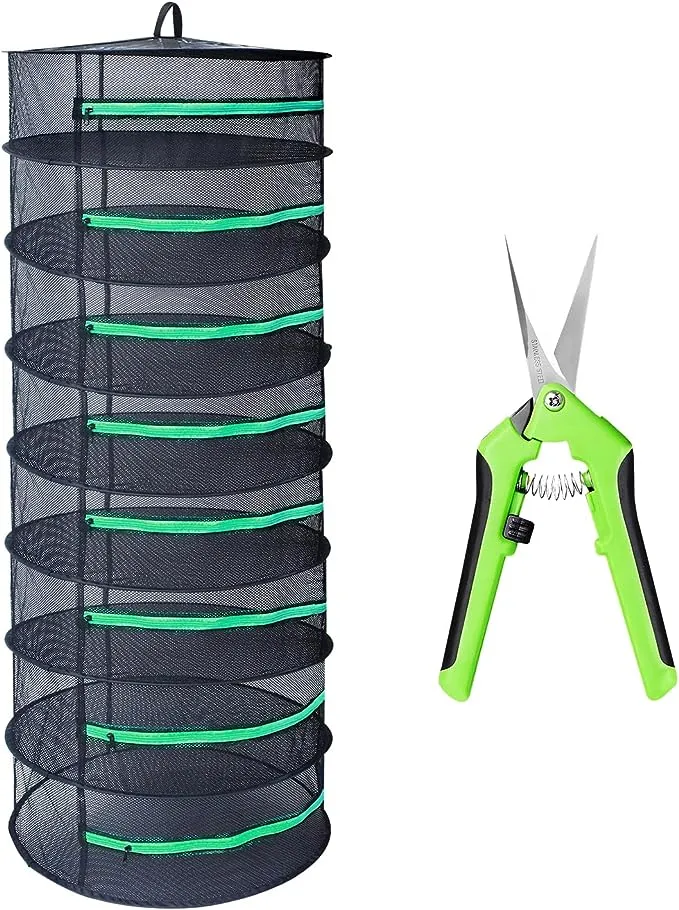 Growsun Herb Drying Rack 8 Layer 2ft Diameter Plant Hanging Mesh Dry Net w/Green Zipper, Free Garden Pruning Shears