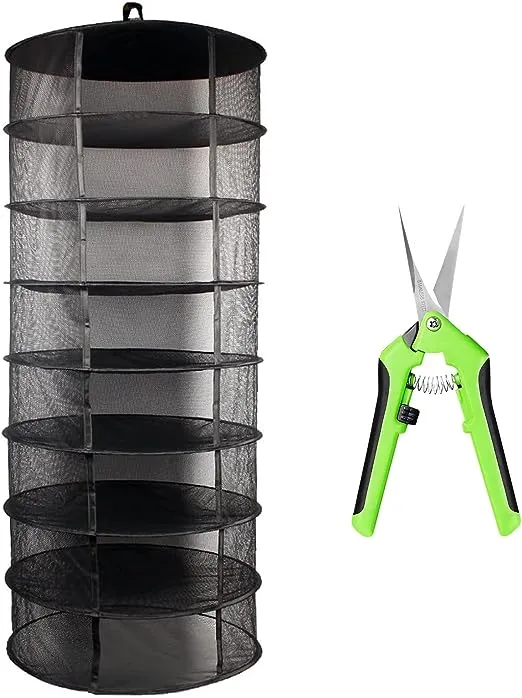 Herb Drying Rack 8 Layer 2Ft Diameter Plant Hanging Mesh Dry Net W/Green Zipper,