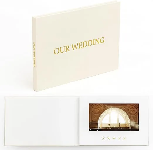The Motion Books (OUR WEDDING - GOLD FOIL) | Luxury Linen Bound Wedding Video Book | Wedding Video Album | Up to 3 hours of video, 7” IPS Display, 4GB of memory & Rechargeable Battery