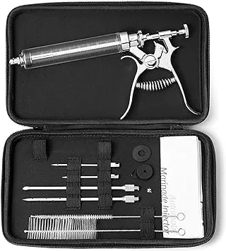 J&B Goods Professional Automatic BBQ Meat Marinade Injector Gun Kit with Case, 2 oz Large Capacity Barrel and 4 Commercial Grade Marinade Needles.