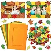 232 Pieces Fall DIY Picture Frames Craft Kit for Kids 30pcs Autumn Photo Frames with 200 Leaves Stickers with Diamond Sticker and Ribbon for Thanksgiving Party Favor Home Classroom Crafts