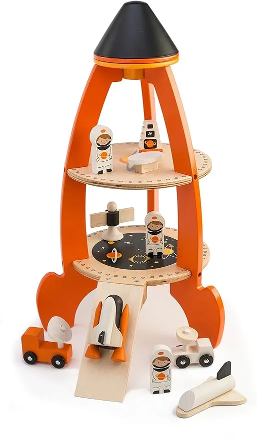 Tender Leaf Toys - Cosmic Rocket Set - 11 Pcs Wooden Rocket and Outer Space Themed Playset for Kids - Develop Imaginative Role Play and Science Interest - Age 3+