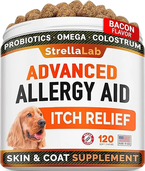 STRELLALAB Advanced Allergy & Itch Relief Dog Chews with Fish Oil Omega 3 & Probiotics - Itchy Skin Relief - Immune Supplement - Skin&Coat Health - Anti-Itch&Hot Spots - Made in USA - Bacon Treats