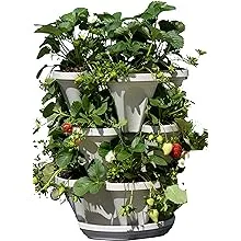 3 Tier Stackable Herb Garden Planter Set with Bottom Saucer - Stone Color - Vertical Container Pots for Herbs, Strawberries, Flowers